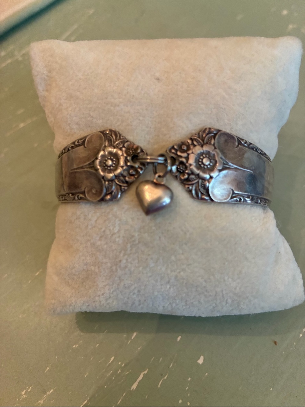 Silver Tone Floral Spoon Cuff Bracelet with Heart Charm